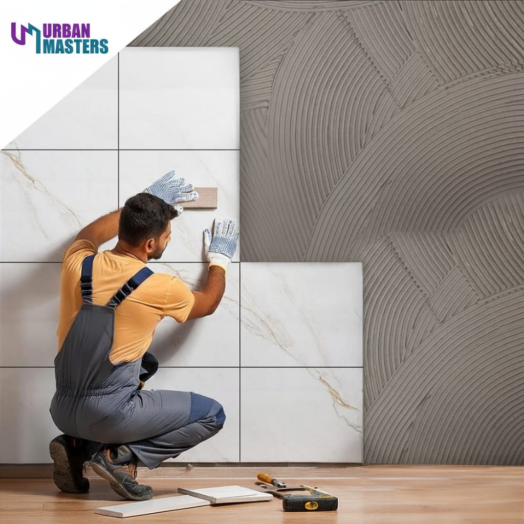 Tile adhesive being applied during installation